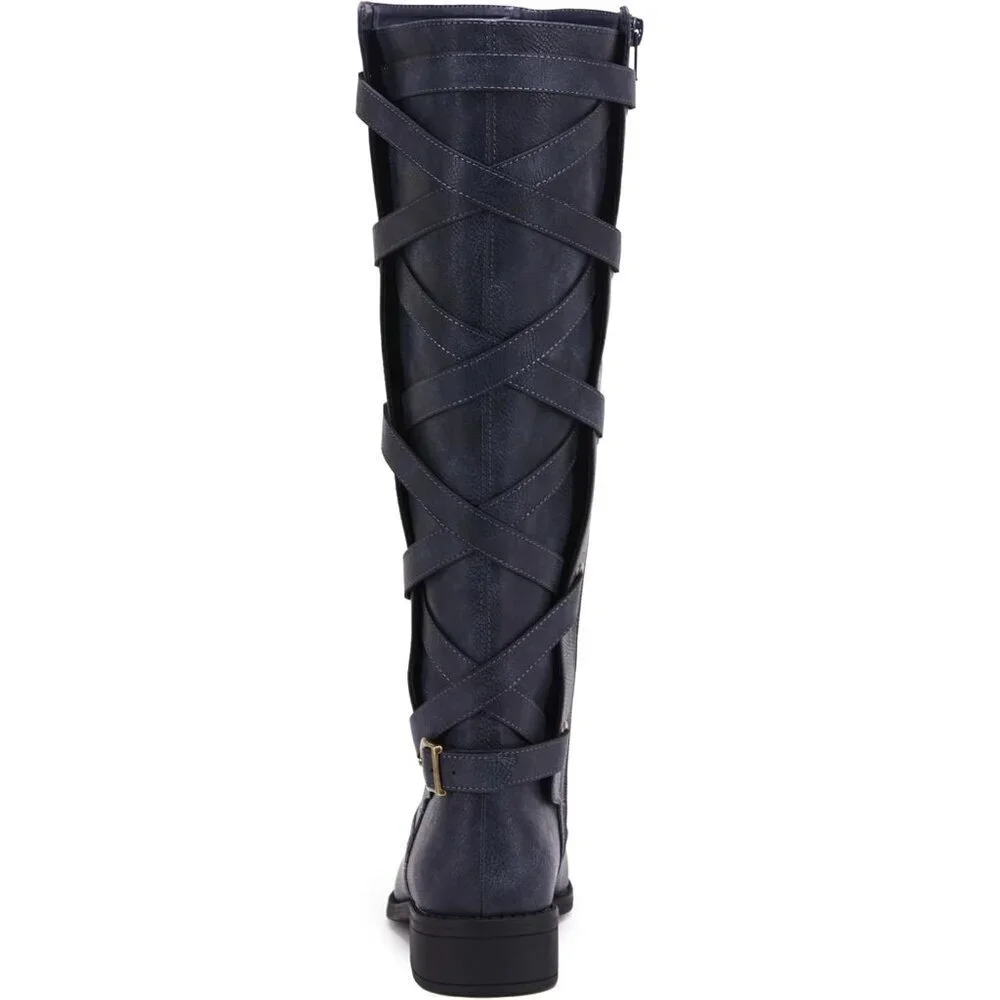 Womens Faux Leather Navy Strappy Motorcycle Knee High Riding Flat Lace Up Boots